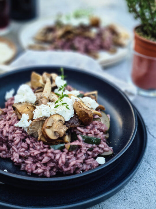 Rode Wijn Risotto met Kastanjechampignons en Geitenkaas